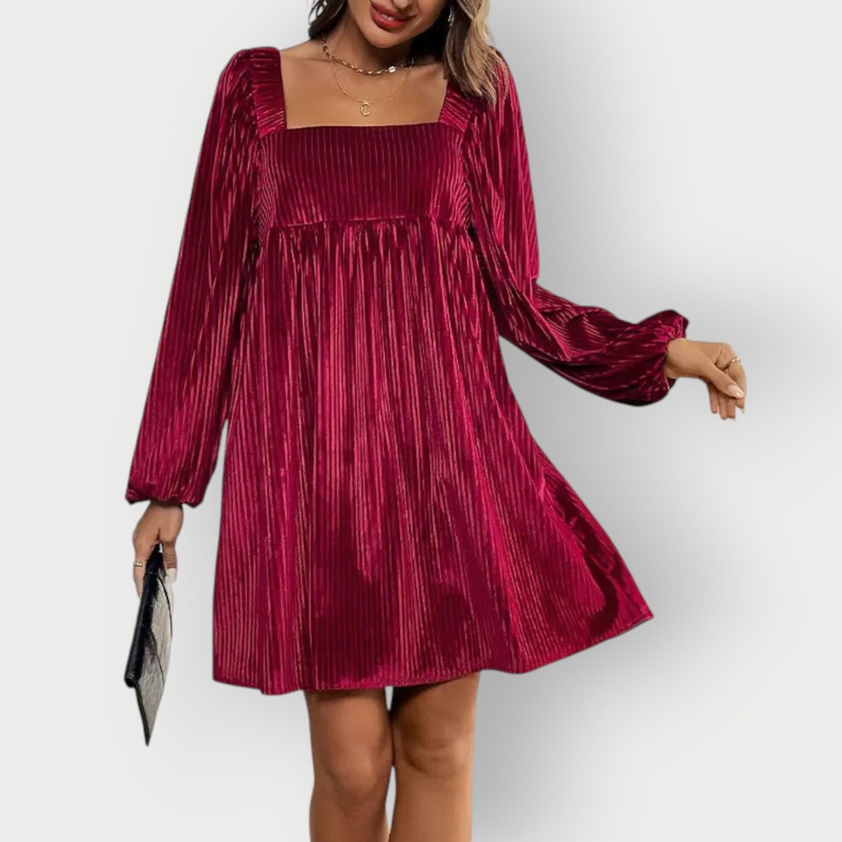 Margo | Square Neck Open Back Pleated Velvet Puff Sleeve Party Mini Dress Women
