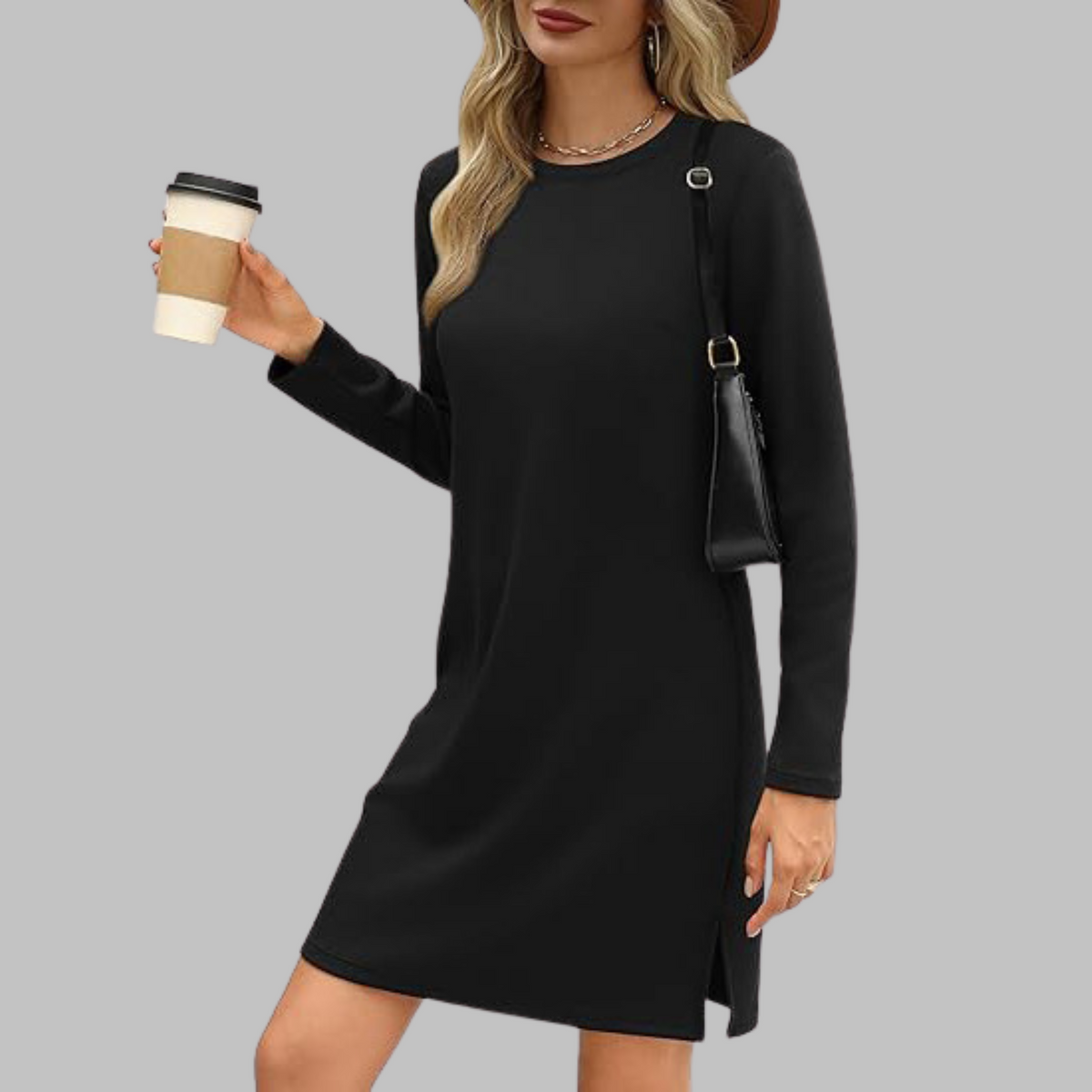 Nala | Casual Crew Neck Split Shift Autumn Knit Long Sleeve Mini Dress Women
