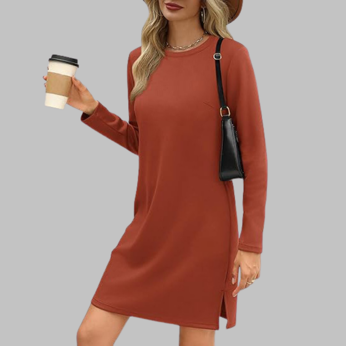 Nala | Casual Crew Neck Split Shift Autumn Knit Long Sleeve Mini Dress Women