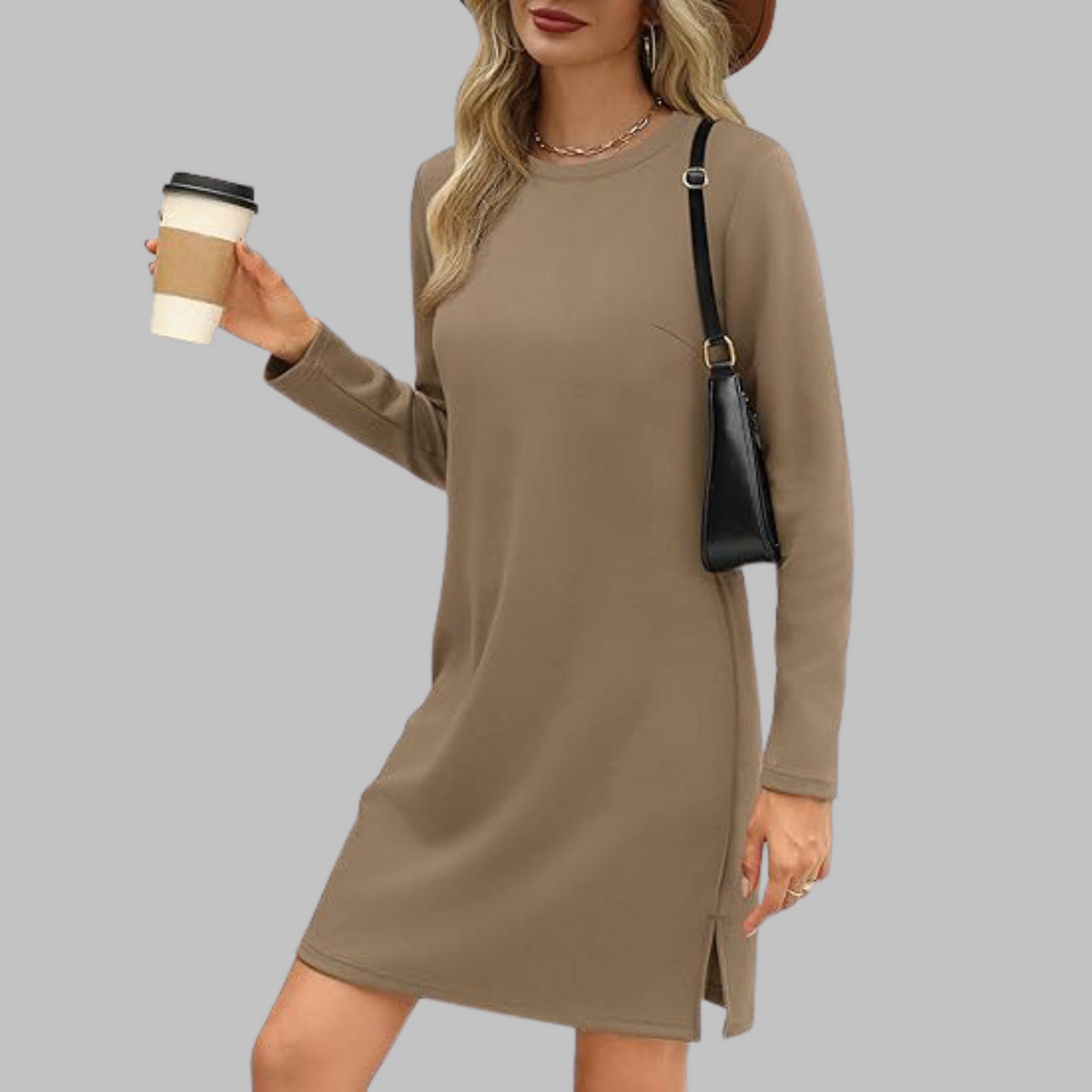 Nala | Casual Crew Neck Split Shift Autumn Knit Long Sleeve Mini Dress Women
