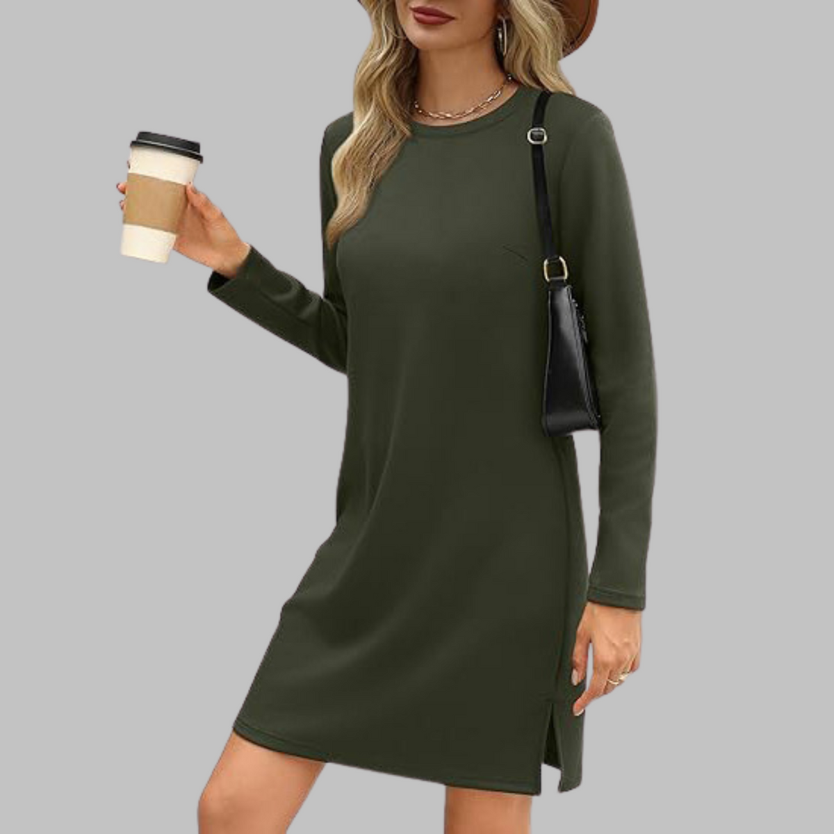 Nala | Casual Crew Neck Split Shift Autumn Knit Long Sleeve Mini Dress Women