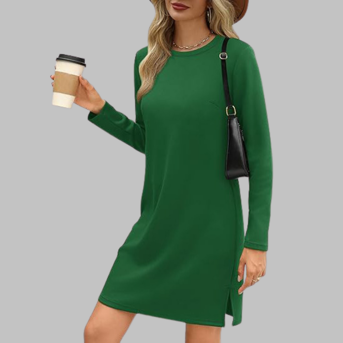 Nala | Casual Crew Neck Split Shift Autumn Knit Long Sleeve Mini Dress Women