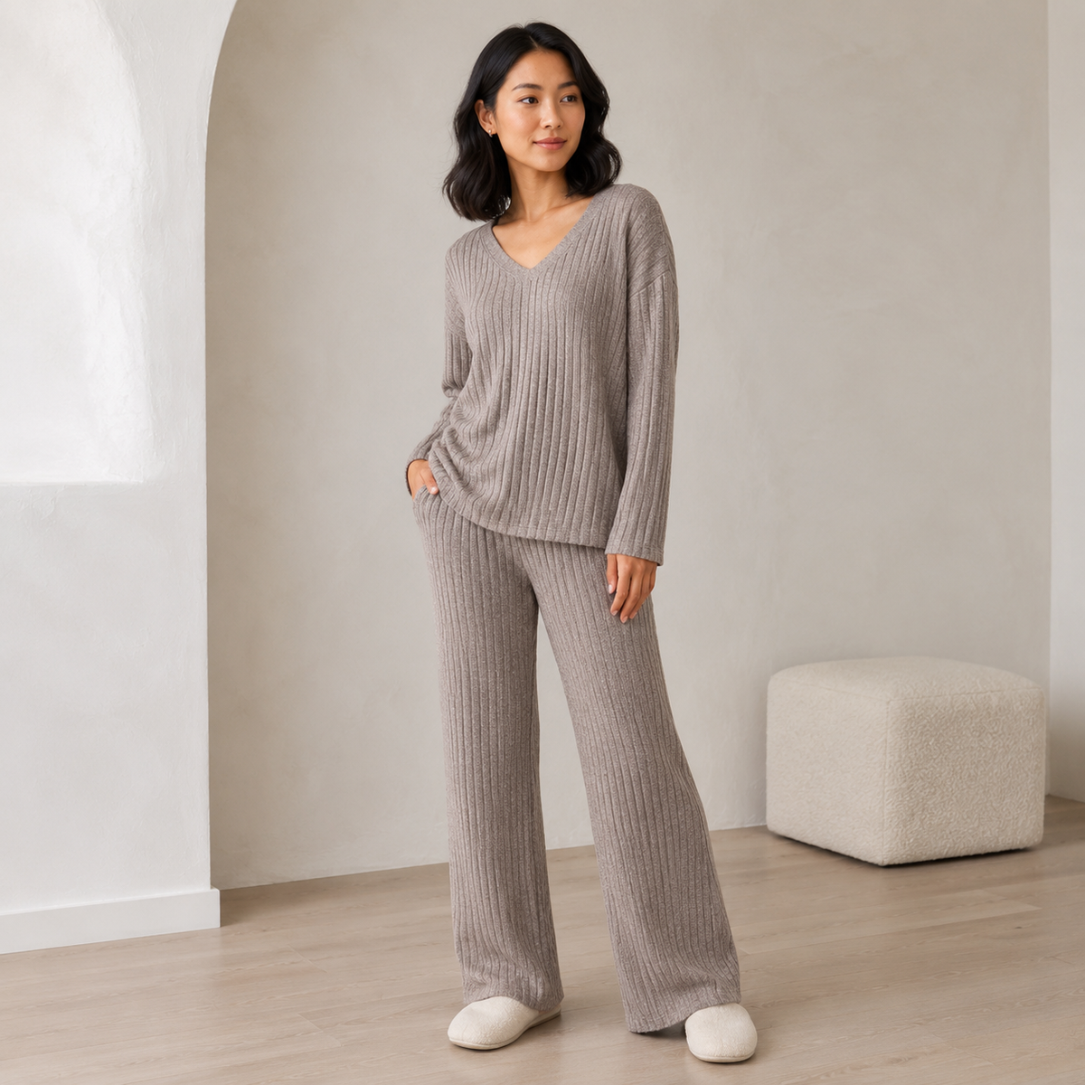 Rose | Ribbed Knitted V Neck Long Sleeve Wide Leg Trouser Oversized Co Ord Set Women