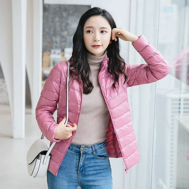 Lexie | Winter Fitted Shiny Quilted Zip Up Funnel Neck Side Pockets Puffer Jacket Women