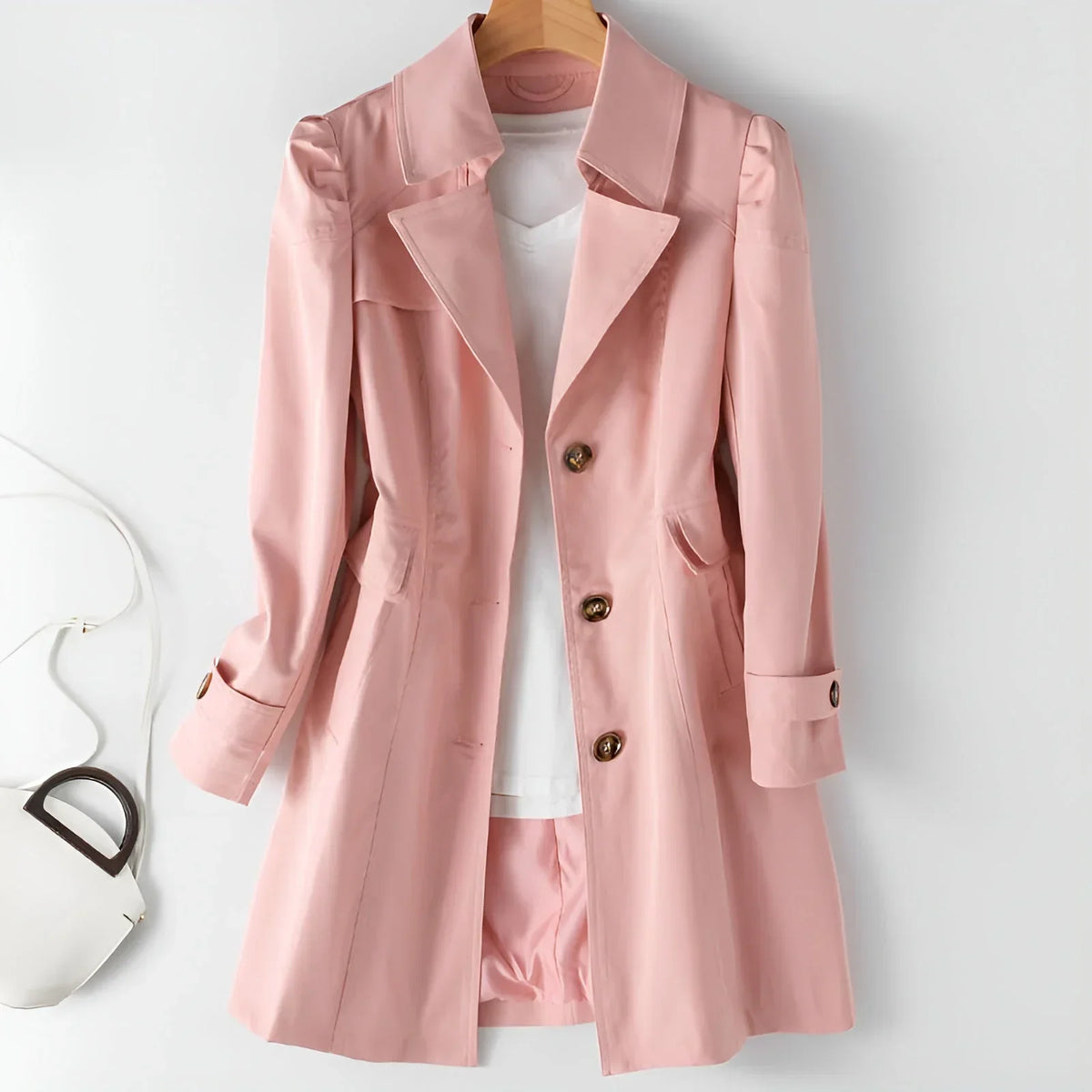 Mia | Single Breasted Button Collared Long Autumn Smart Knee Length Flared Trench Coat Ladies
