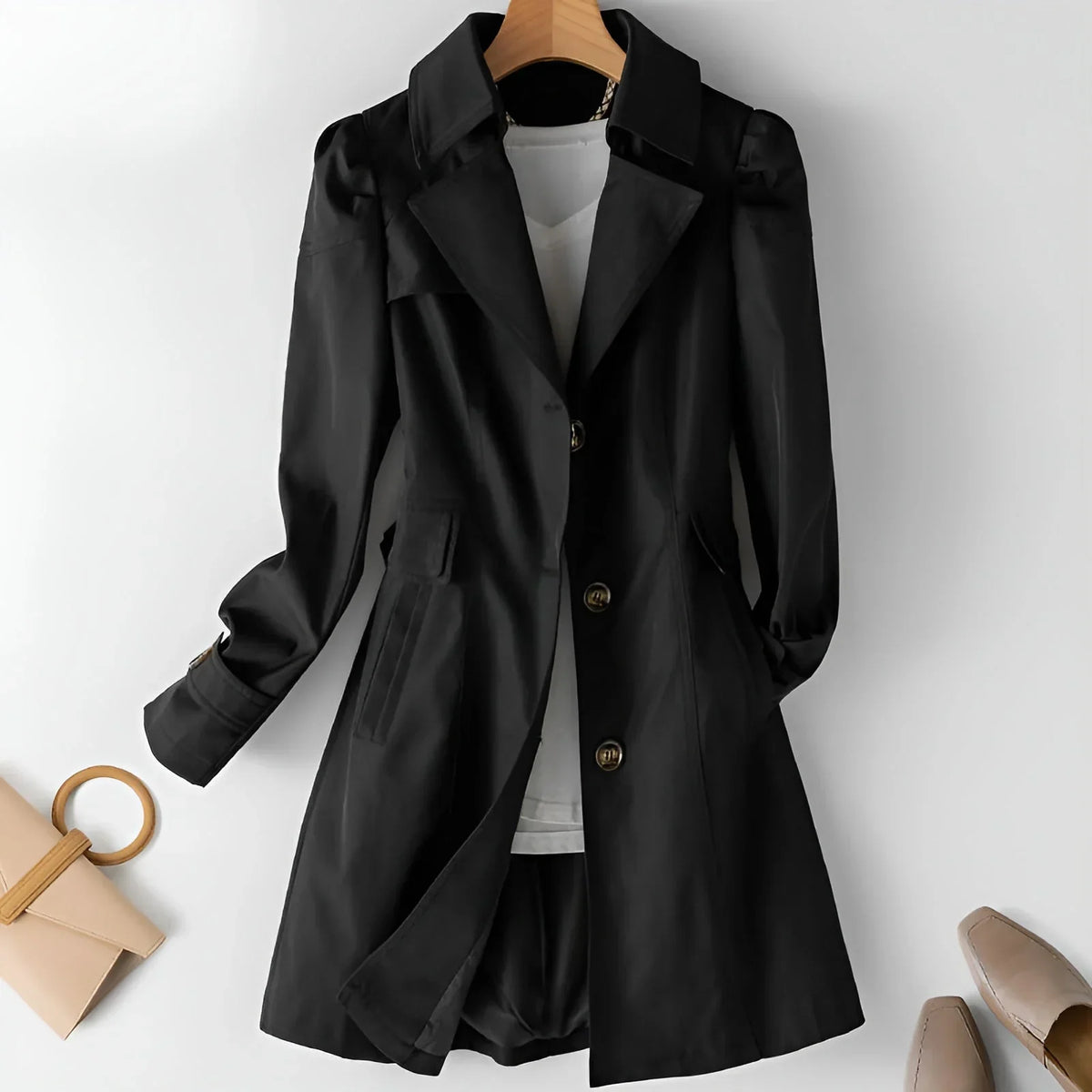 Mia | Single Breasted Button Collared Long Autumn Smart Knee Length Flared Trench Coat Ladies
