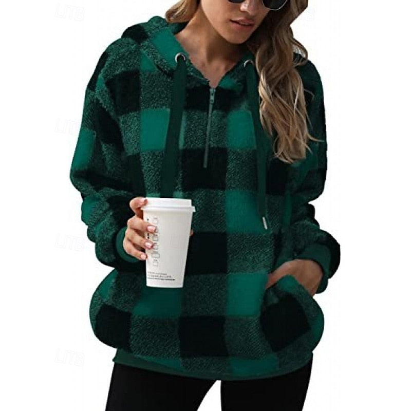 Skye | Checked Winter Oversized Hooded Quarter Zip Sherpa Fleece Jacket Women