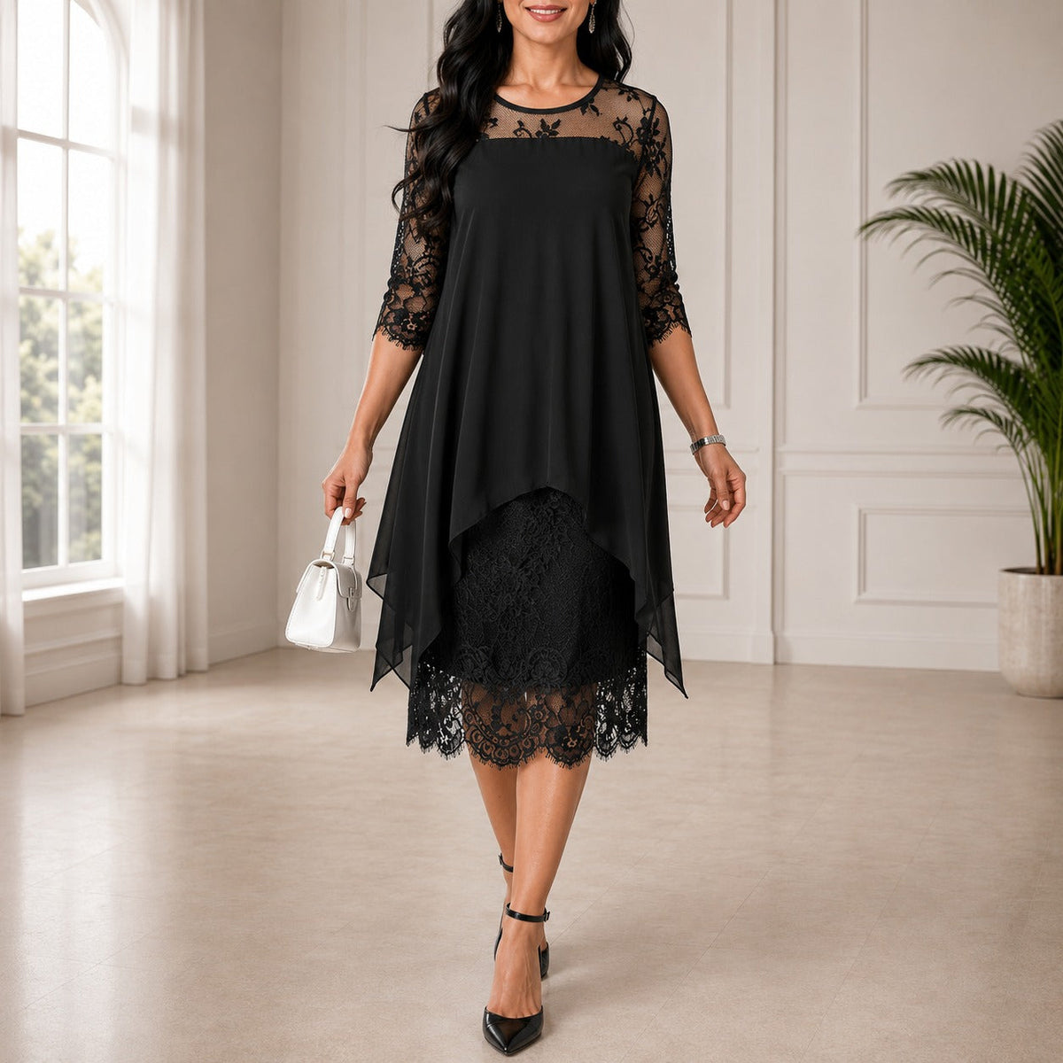 Amber | Sheer Lace Chiffon Midi 3/4 Sleeve Occasion Wedding Guest Dress Women