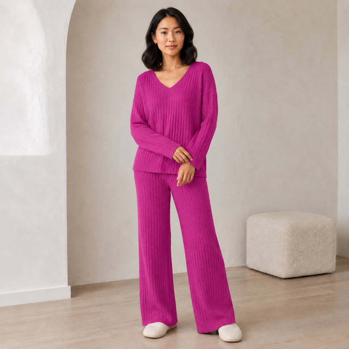Rose | Ribbed Knitted V Neck Long Sleeve Wide Leg Trouser Oversized Co Ord Set Women