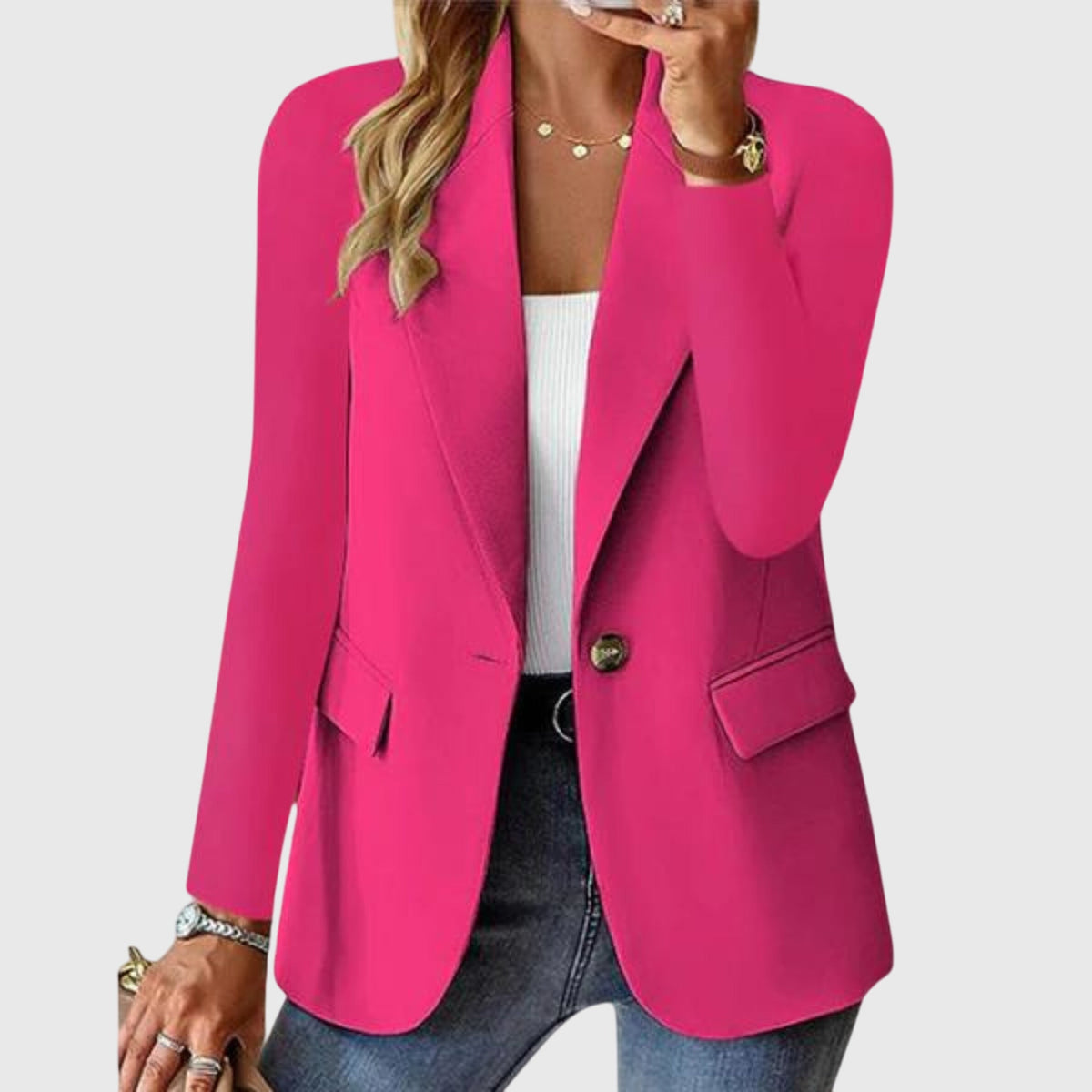 Single Breasted Blazer, Linen Look - Stone