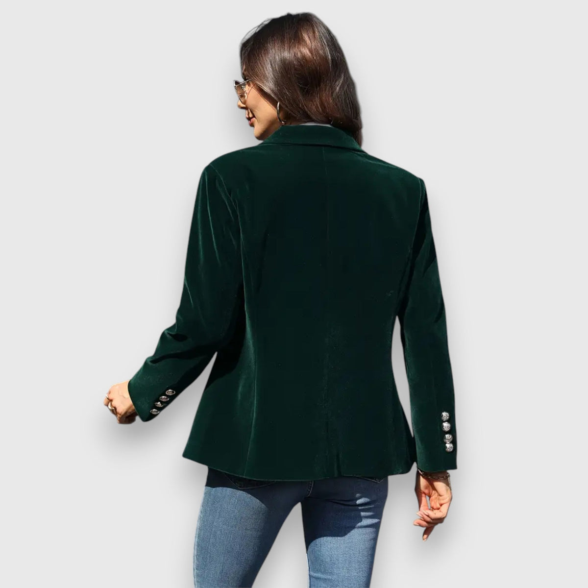 Velvet Blazer with Notched Lapel - Emerald Green