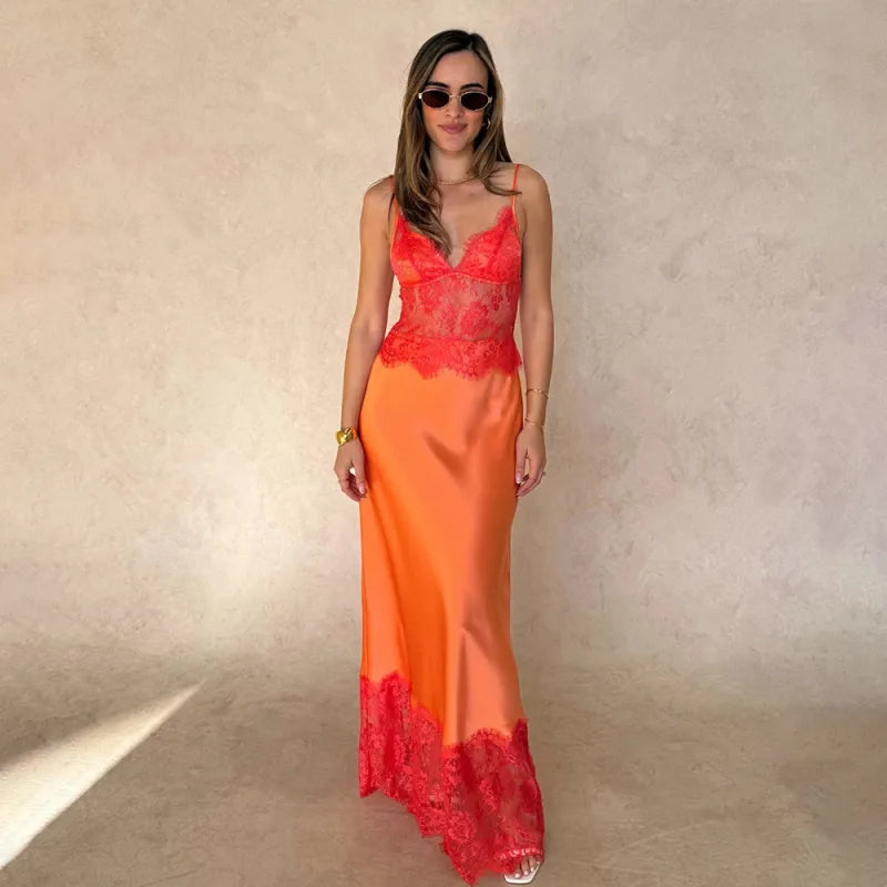 Lacey | Strappy V Neck Sheer Satin Slip Open Back Maxi Occasion Evening Dress Women