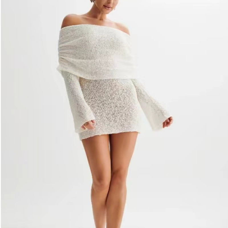 Rae | Knitted Off Shoulder Long Sleeve Ruched Autumn Bodycon Mini Jumper Dress Women