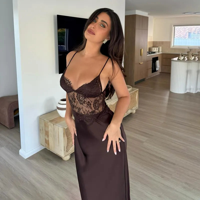 Lacey | Strappy V Neck Sheer Satin Slip Open Back Maxi Occasion Evening Dress Women