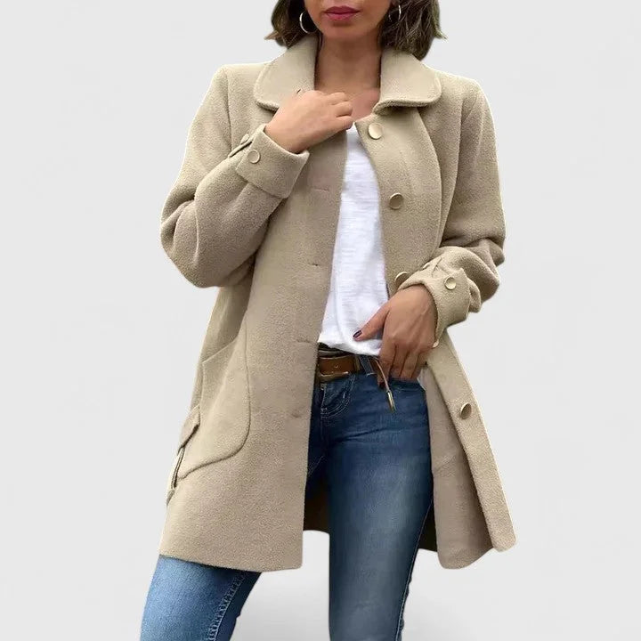 Freda | Collared Button Long Pocket Autumn Smart Tailored Coat Women