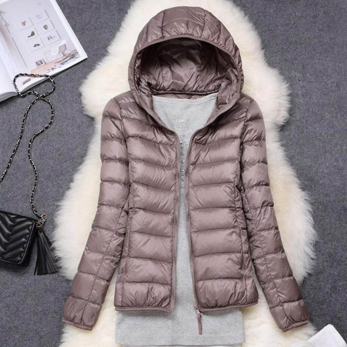 Enya | Winter Fitted Shiny Quilted Zip Up Hooded Padded Puffer Jacket Women