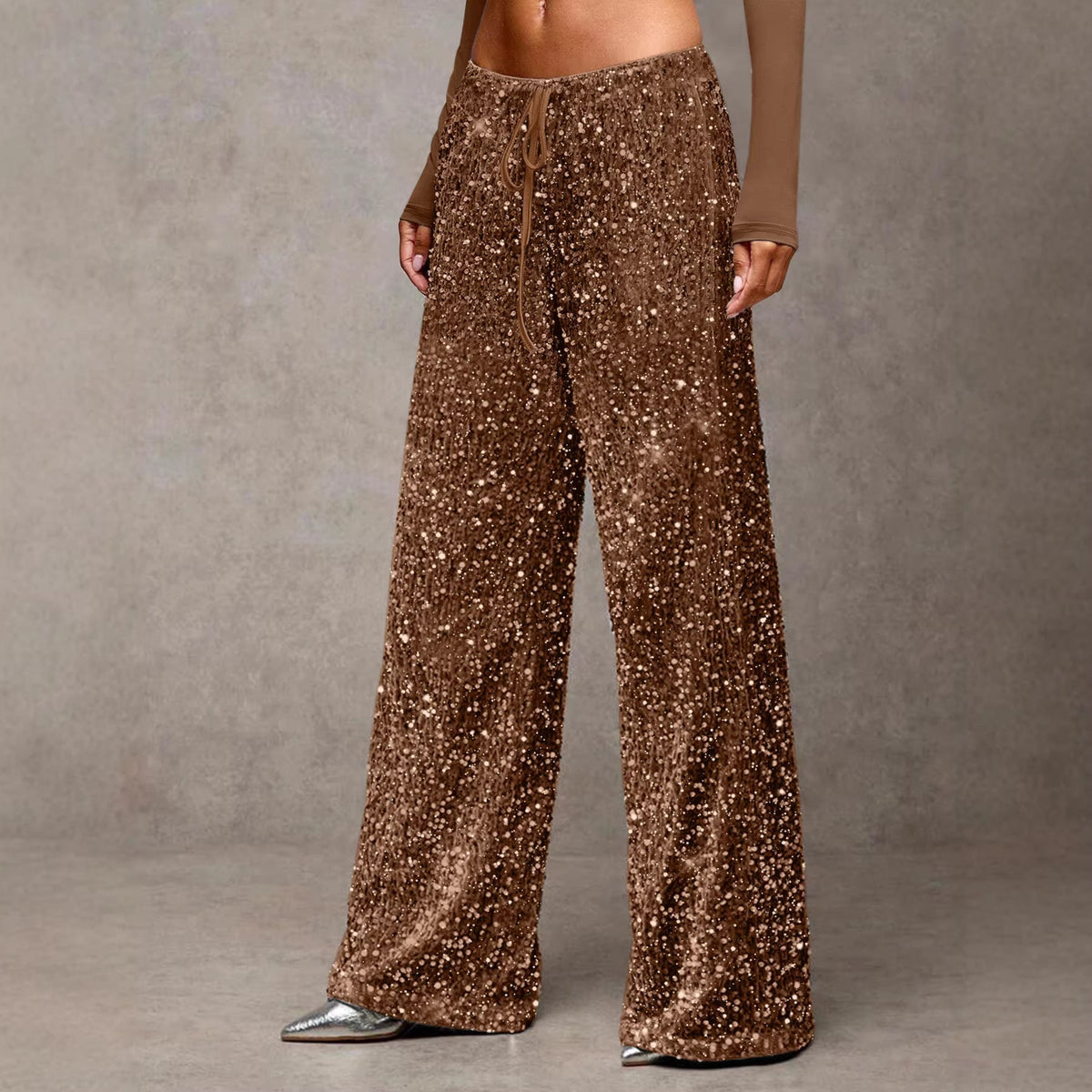 Sally | Velvet Sequined Flowy Loose Drawstring Elasticated Party Wide Leg Trousers Women