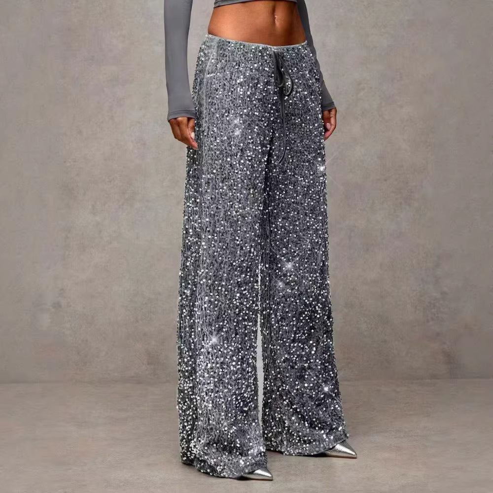 Sally | Velvet Sequined Flowy Loose Drawstring Elasticated Party Wide Leg Trousers Women