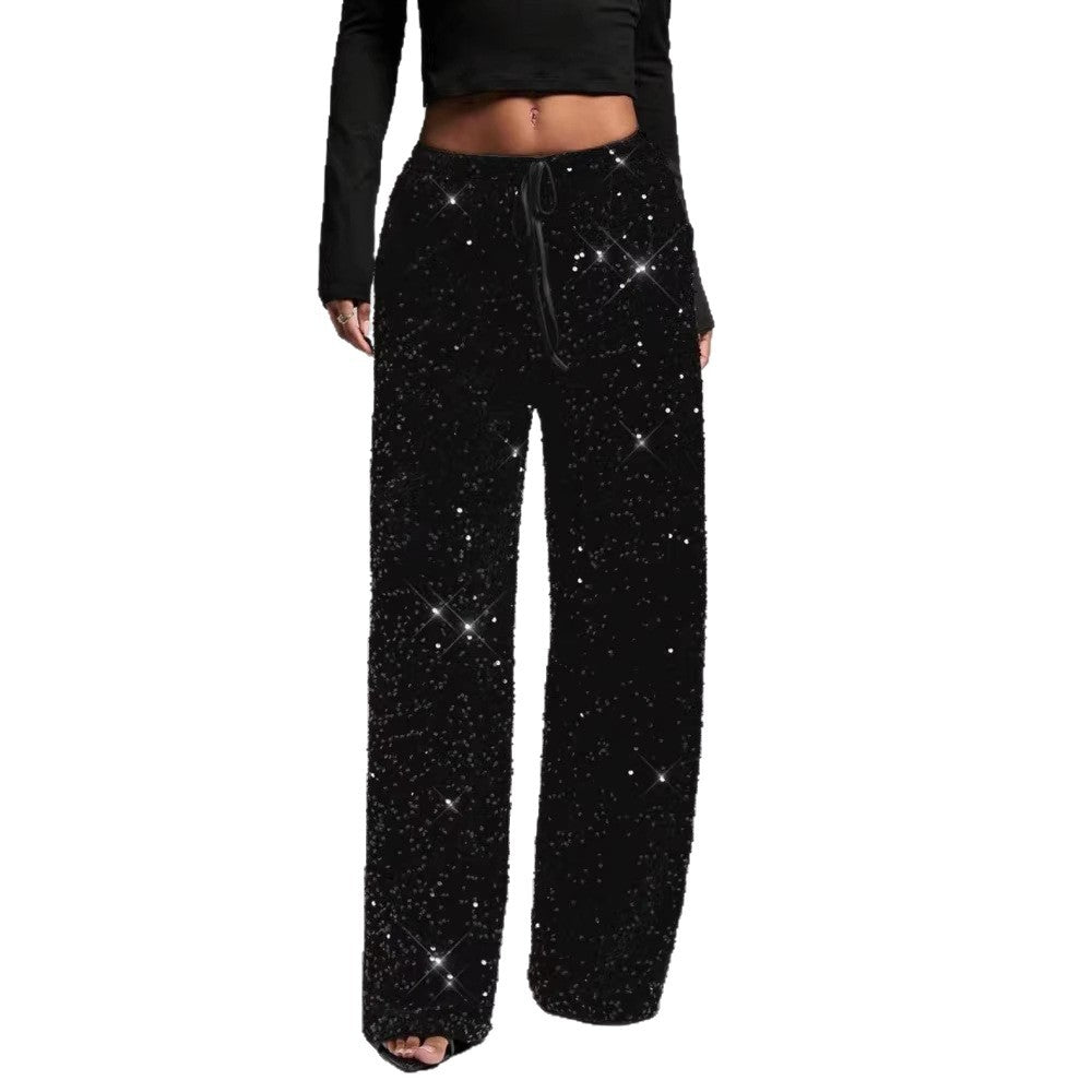 Sally | Velvet Sequined Flowy Loose Drawstring Elasticated Party Wide Leg Trousers Women