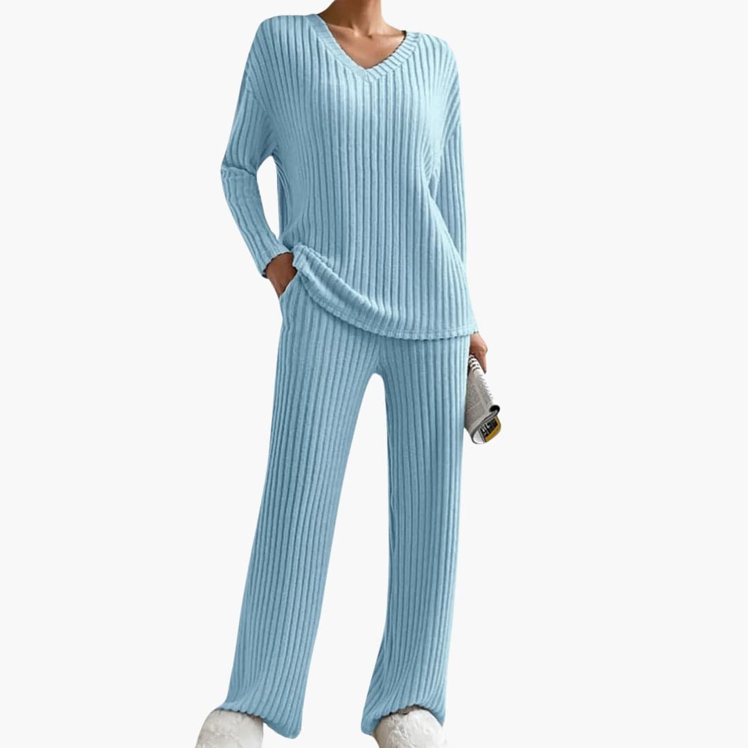Kenzie | Ribbed V Neck Long Sleeve Oversized Autumn Winter Wide Leg Knit Trouser Co Ord Set Women