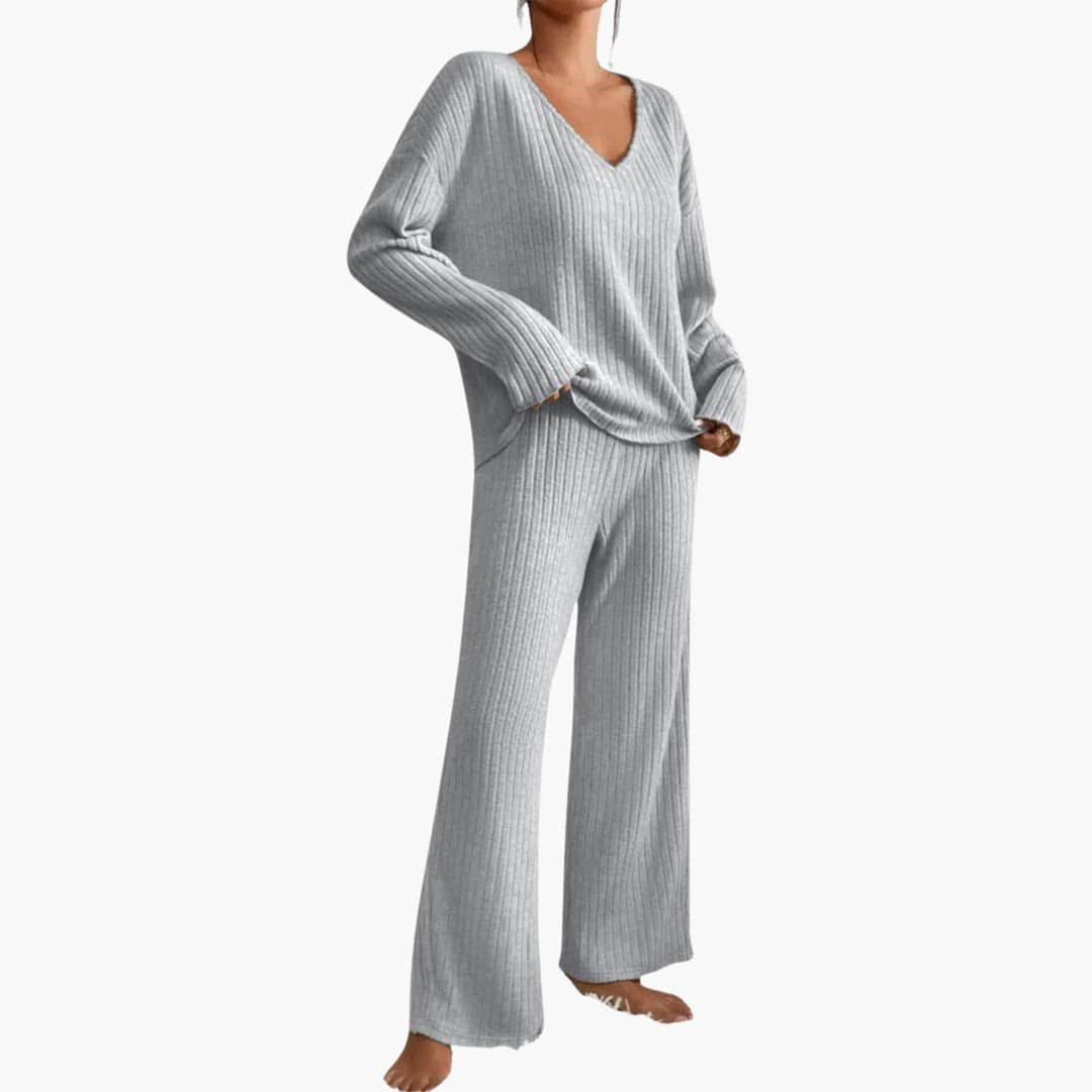 Kenzie | Ribbed V Neck Long Sleeve Oversized Autumn Winter Wide Leg Knit Trouser Co Ord Set Women