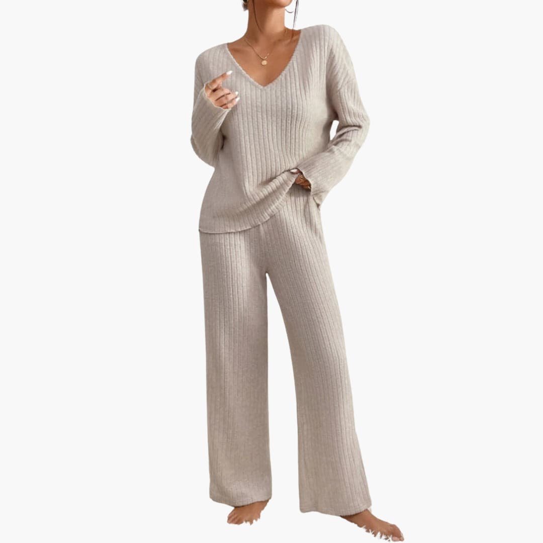 Kenzie | Ribbed V Neck Long Sleeve Oversized Autumn Winter Wide Leg Knit Trouser Co Ord Set Women