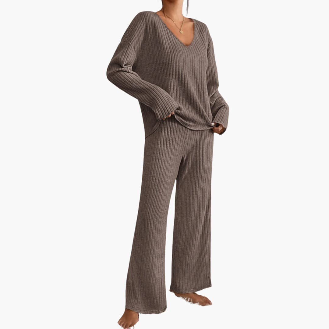 Kenzie | Ribbed V Neck Long Sleeve Oversized Autumn Winter Wide Leg Knit Trouser Co Ord Set Women