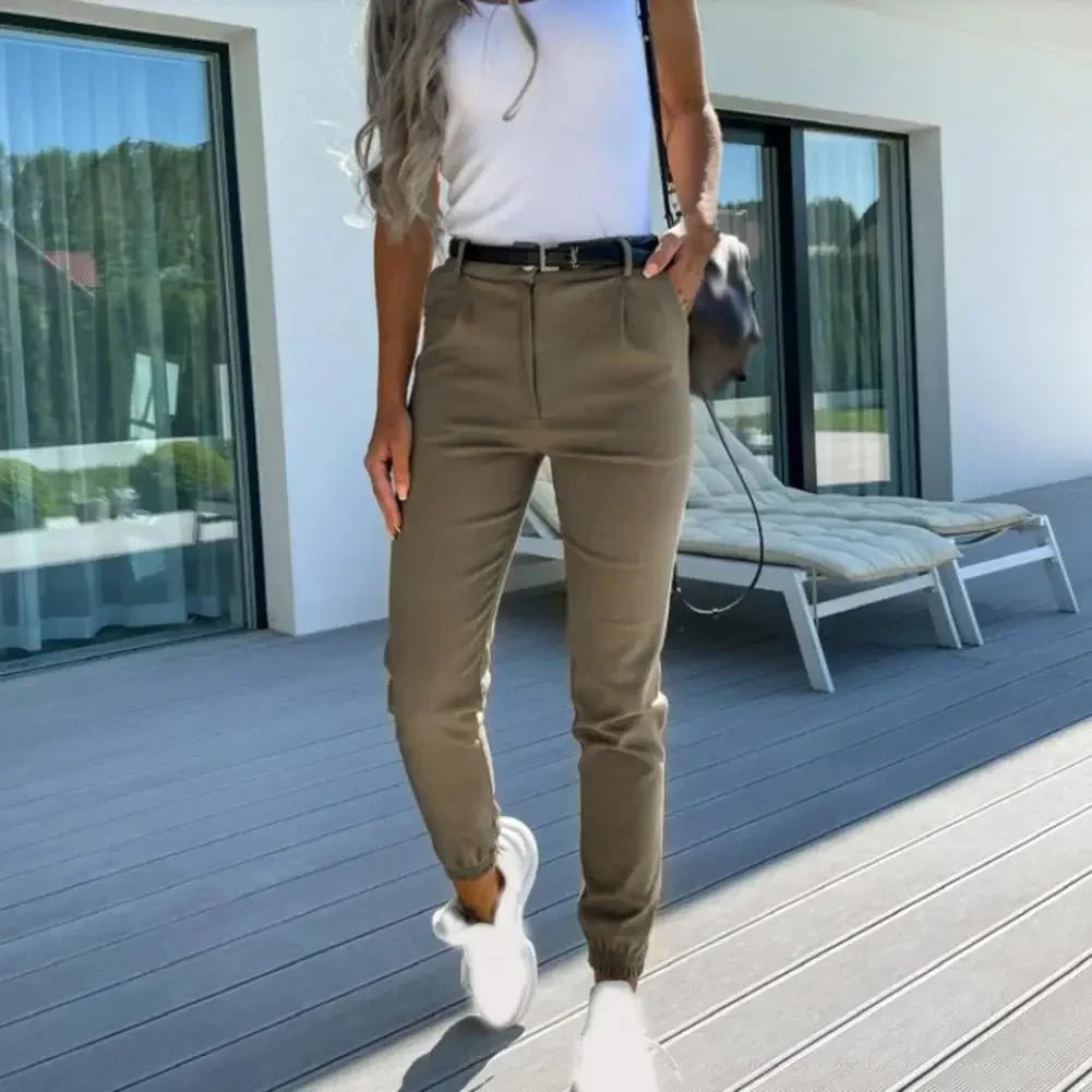 Sasha | High Waisted Pleat Front Pockets Cuffed Slim Fit Woven Joggers Women