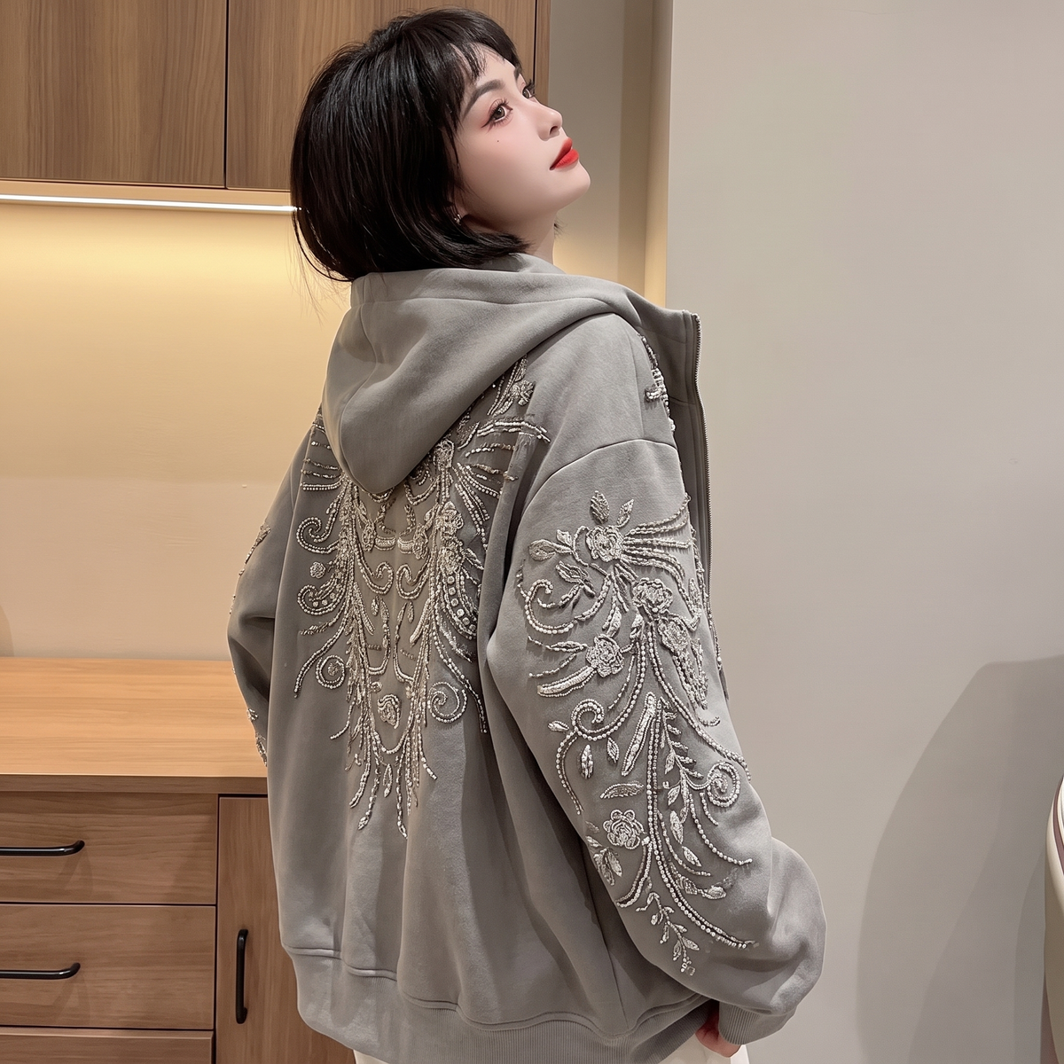 Iris | Sequin Embellished Floral Embroidered Zip Up Balloon Sleeve Oversized Hoodie Women