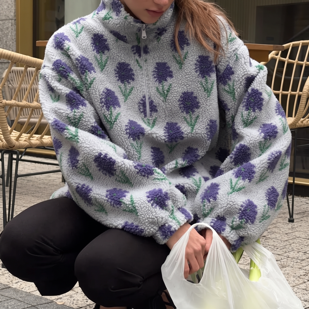 Esme | Floral Winter Oversized Funnel Neck Quarter Zip Sherpa Fleece Jacket Women