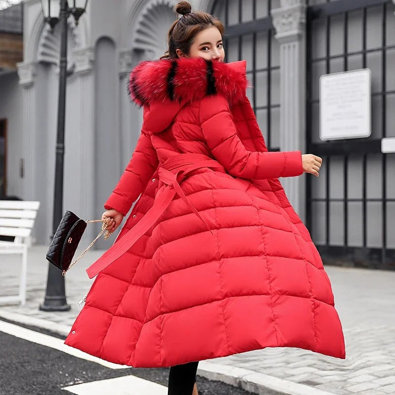 Kayla | Winter Belted Fitted Faux Fur Hood Long Quilted Padded Coat Women
