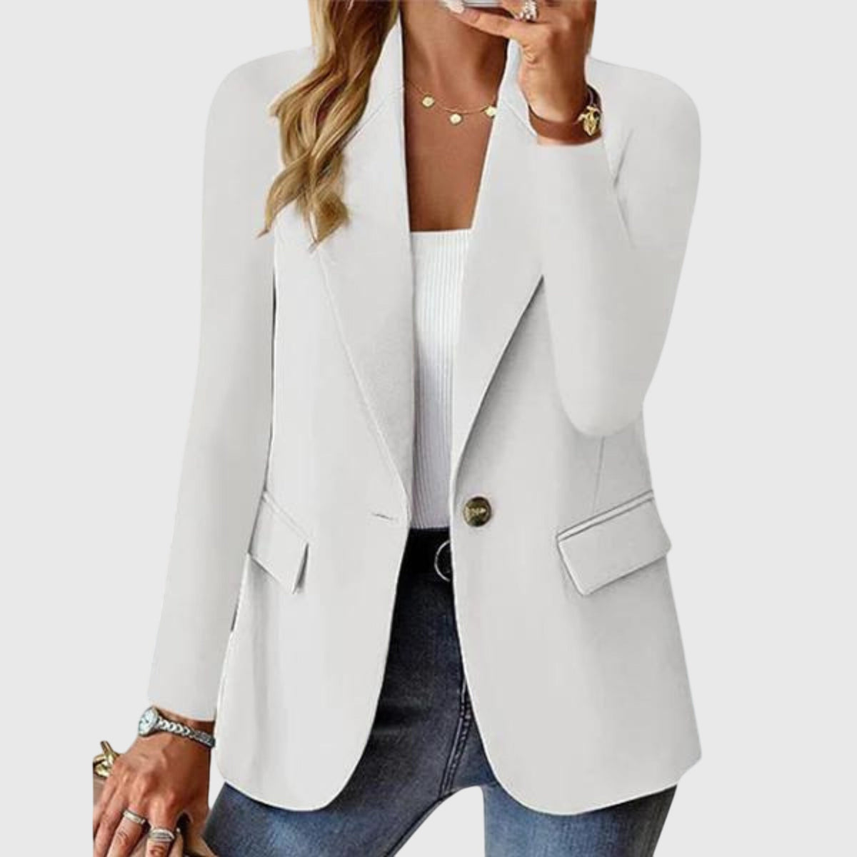 Single Breasted Blazer, Linen Look - Stone
