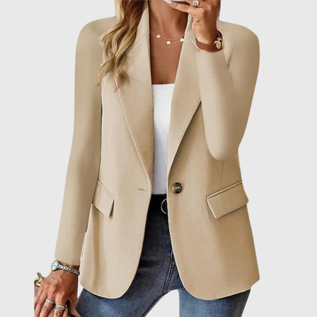 Single Breasted Blazer, Linen Look - Stone