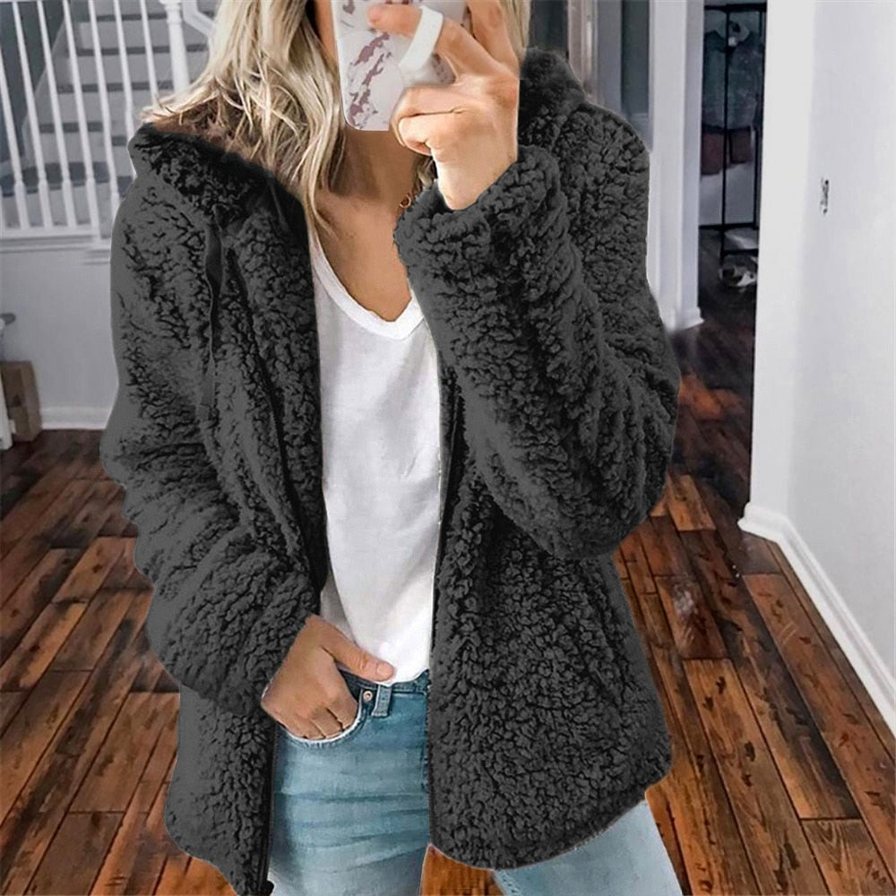 Sage | Hooded Zipped Borg Fleece Oversized Winter Jacket Teddy Coat Women