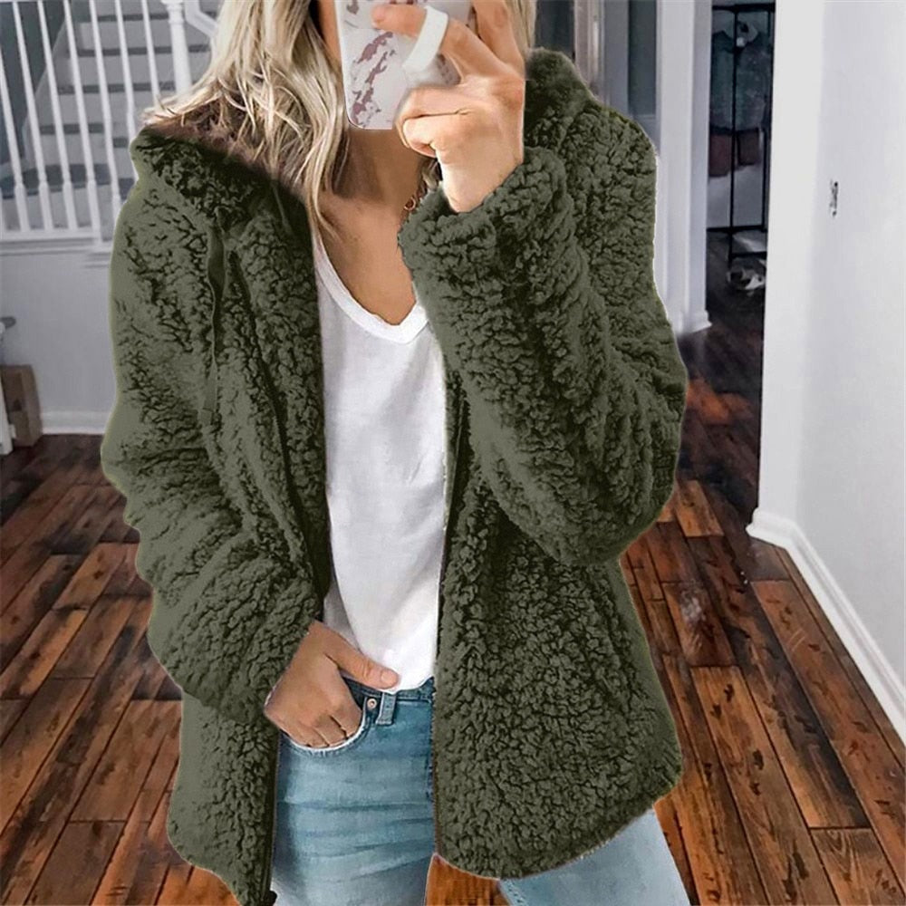 Sage | Hooded Zipped Borg Fleece Oversized Winter Jacket Teddy Coat Women
