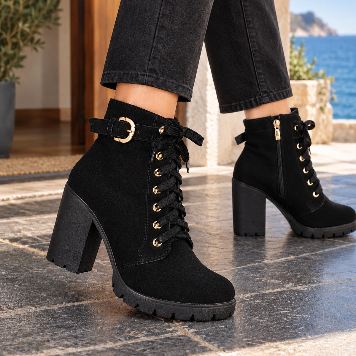 Pia | Buckle Platform Block Heeled Lace Up Autumn Faux Suede Ankle Boots Women