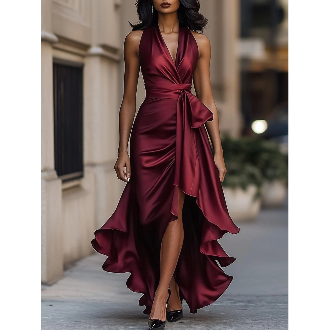 Clem | Halter Ruched Satin Wrap Slit Maxi Occasion Evening Dress Women