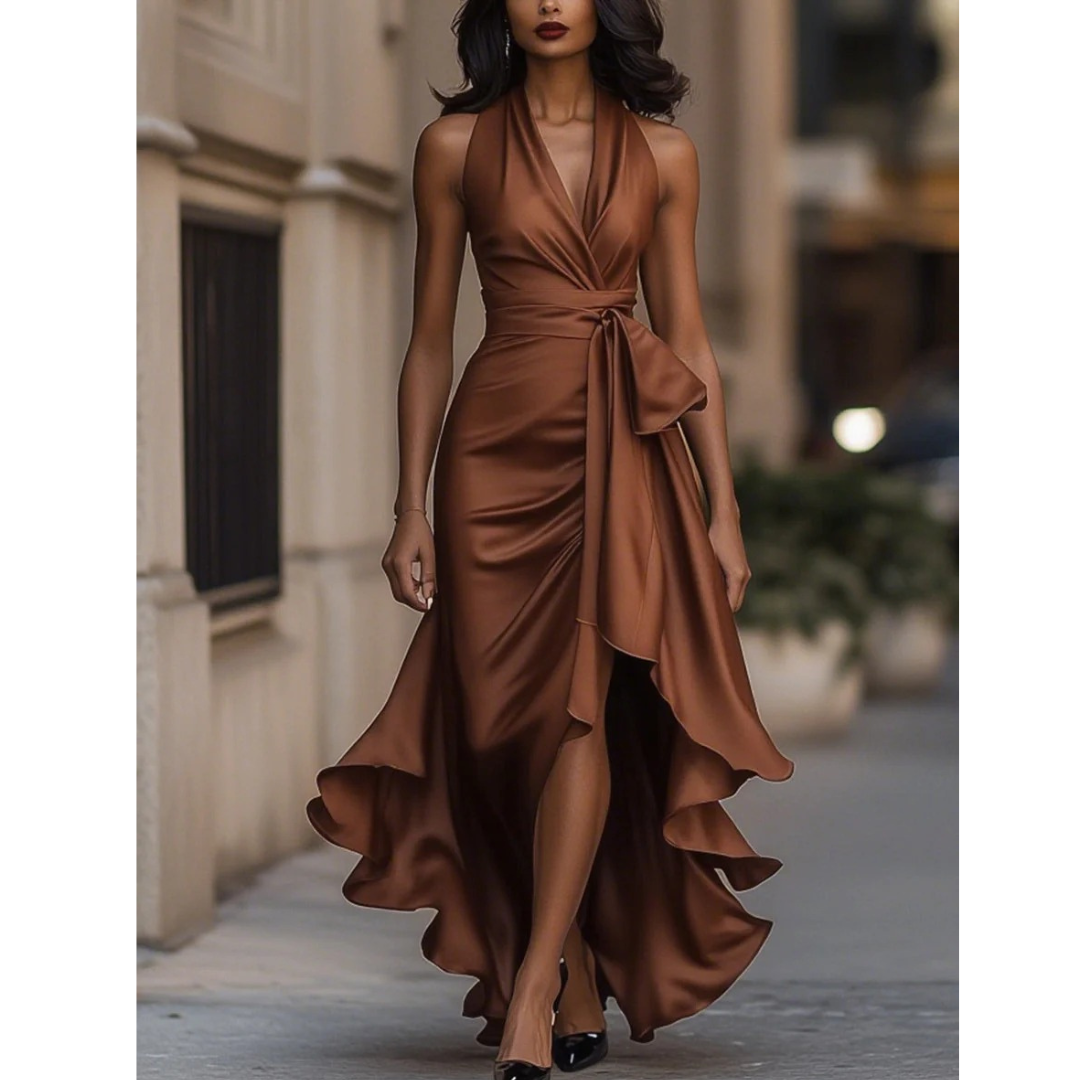 Clem | Halter Ruched Satin Wrap Slit Maxi Occasion Evening Dress Women