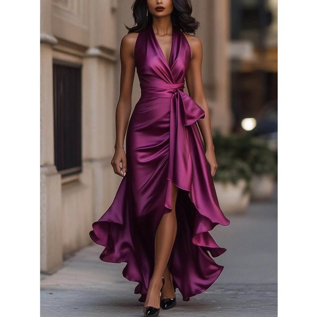 Clem | Halter Ruched Satin Wrap Slit Maxi Occasion Evening Dress Women