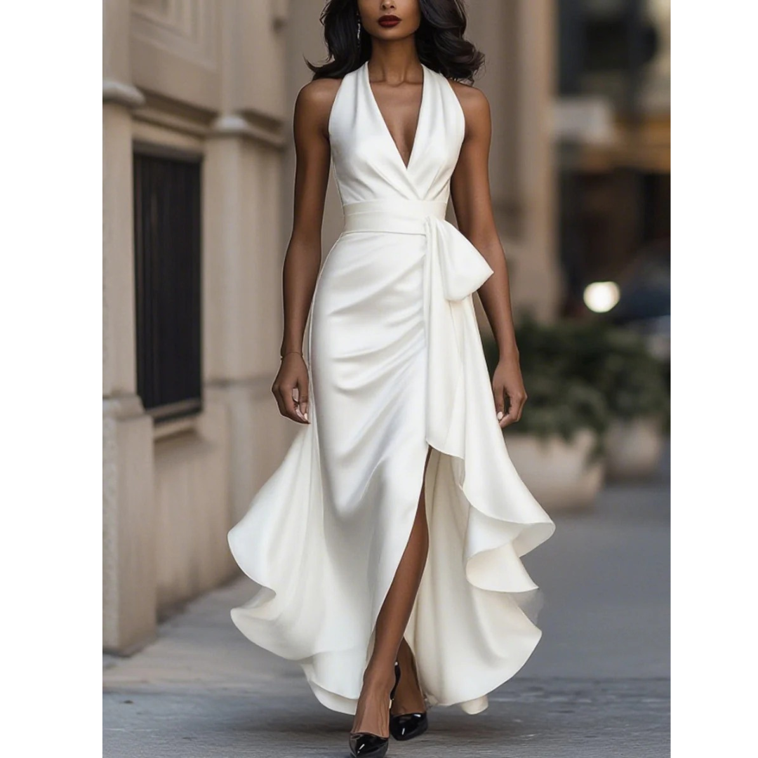 Clem | Halter Ruched Satin Wrap Slit Maxi Occasion Evening Dress Women
