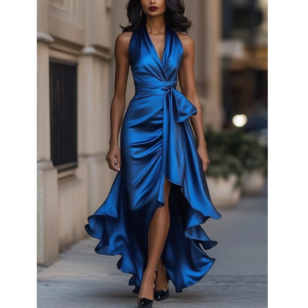 Clem | Halter Ruched Satin Wrap Slit Maxi Occasion Evening Dress Women