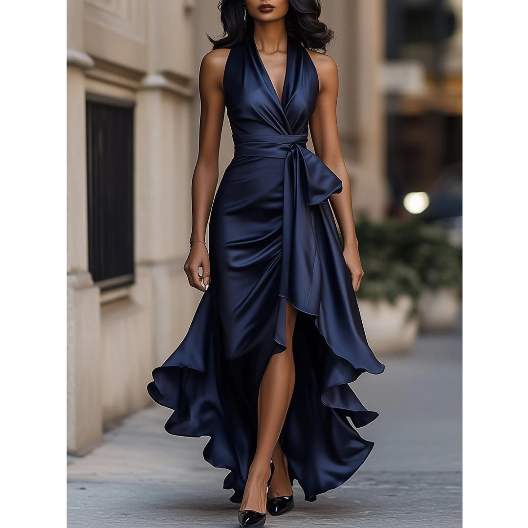 Clem | Halter Ruched Satin Wrap Slit Maxi Occasion Evening Dress Women