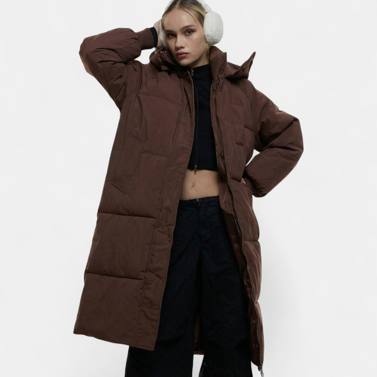 Sara | Winter Oversized Zip Up Hooded Funnel Neck Long Quilted Puffer Coat Women