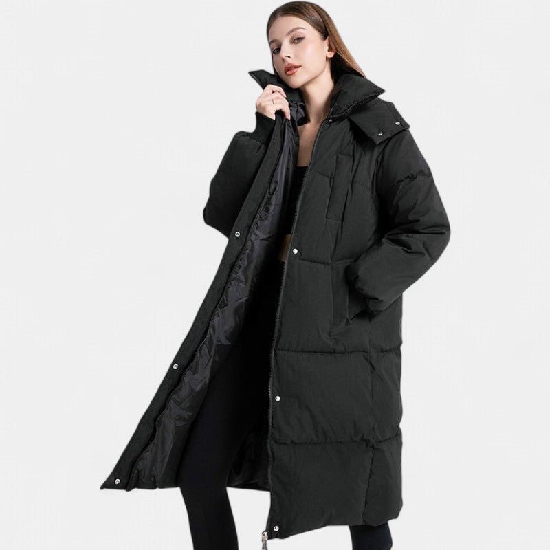 Sara | Winter Oversized Zip Up Hooded Funnel Neck Long Quilted Puffer Coat Women