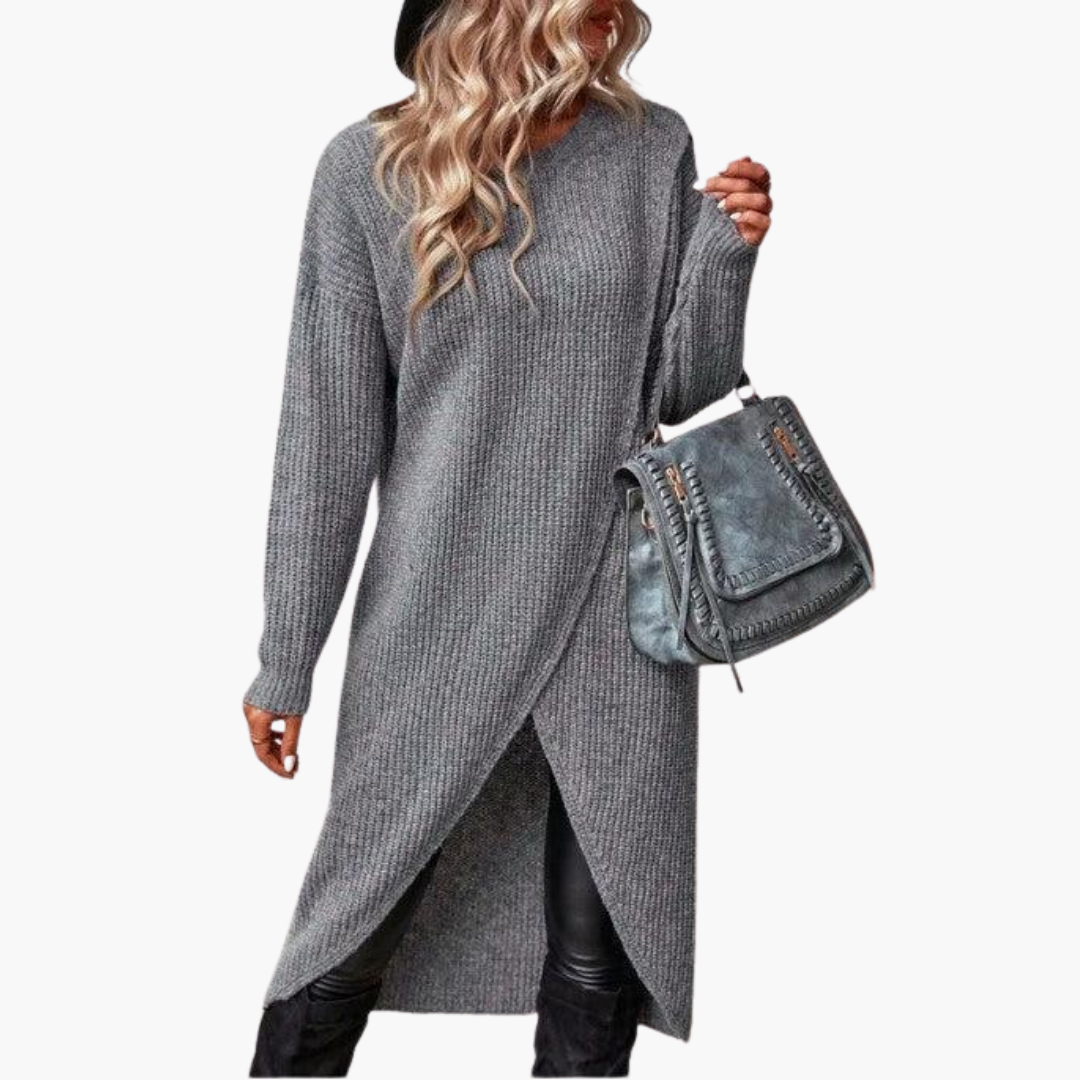 Jenna | Round Neck Long Sleeve Oversized Autumn Winter Wrap Ribbed Knit Midi Jumper Dress Women