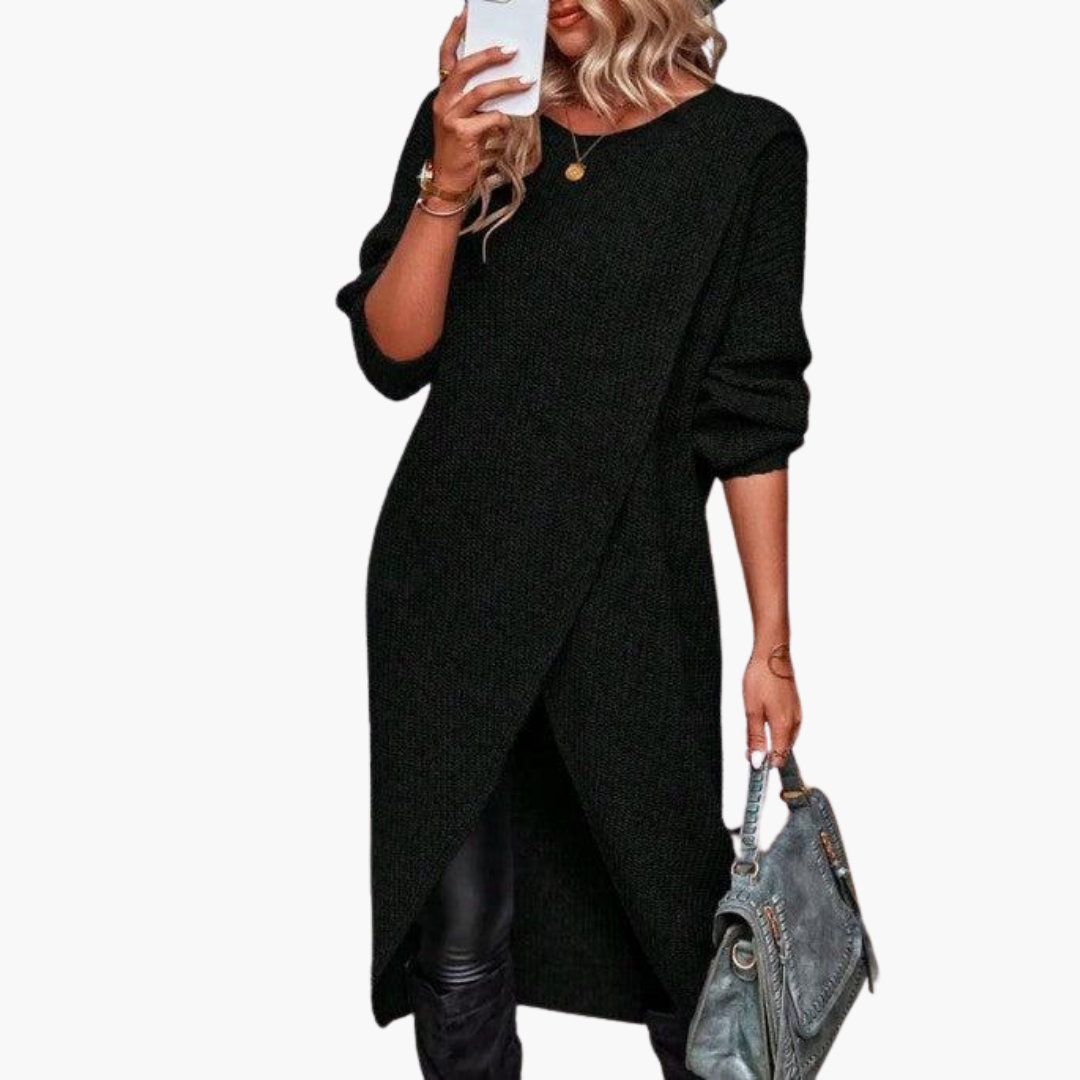 Jenna | Round Neck Long Sleeve Oversized Autumn Winter Wrap Ribbed Knit Midi Jumper Dress Women