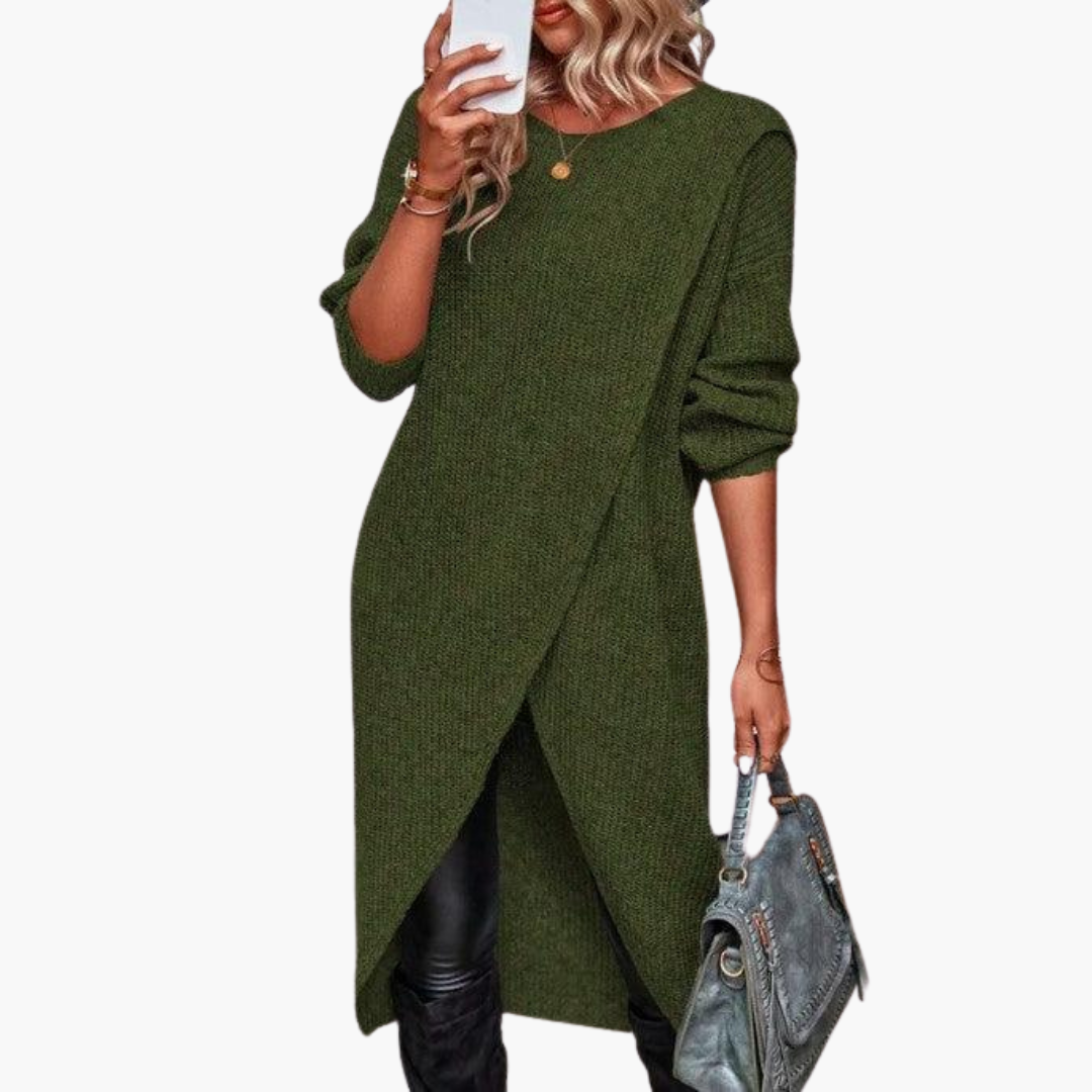 Jenna | Round Neck Long Sleeve Oversized Autumn Winter Wrap Ribbed Knit Midi Jumper Dress Women