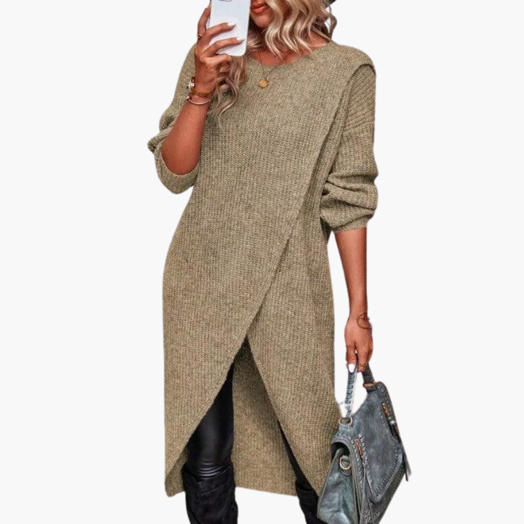 Jenna | Round Neck Long Sleeve Oversized Autumn Winter Wrap Ribbed Knit Midi Jumper Dress Women