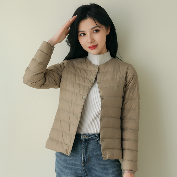 Beau | Collarless Button Up Quilted Padded Winter Jacket Women