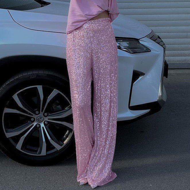 Pearl | Sequin High Waisted Elasticated Glitter Flowy Wide Leg Trousers Women